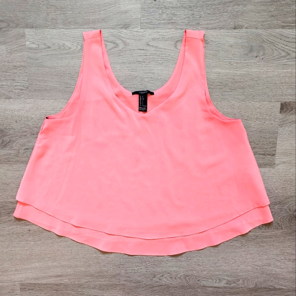 Forever 21 Junior's Solid Pink Tiered Crop Scoop Neck Sleeveless Blouse Small S